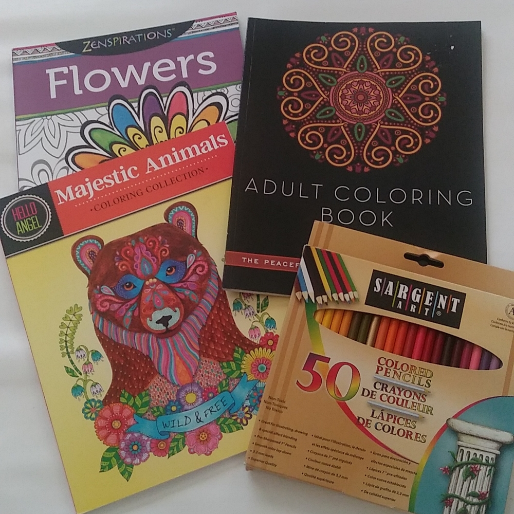 Adult Coloring Books & Colored Pencil Bundle